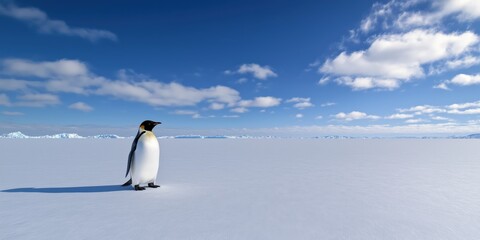 A lone emperor penguin stands gracefully on a vast icy landscape, symbolizing resilience and survival in an extreme environment, showcasing nature&rsquo;s beauty and strength.