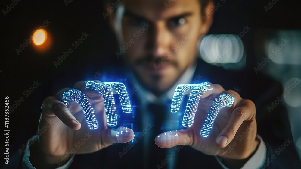 Poster businessman analyzing ai driven data insights with holographic interface