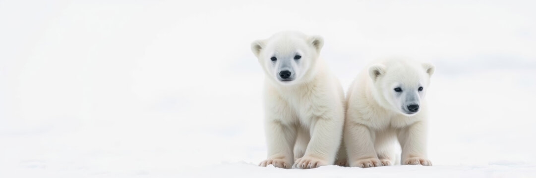 Polar bear cubs curiously exploring snowy landscape with copy space