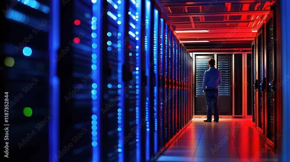 Poster engineer monitoring network performance in data center with screens