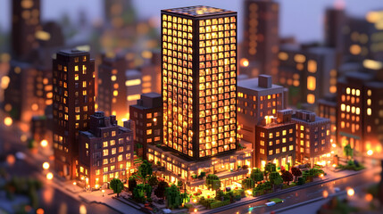 Illuminated cityscape model at night.