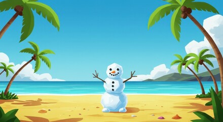 Tropical winter: snowman on a sunny beach with palm trees