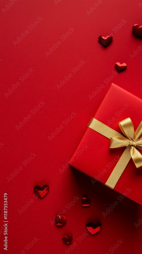 Poster red gift box with golden ribbon and small hearts scattered on a red background creating a romantic a