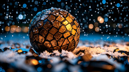 Glowing metallic sphere in snow at night.