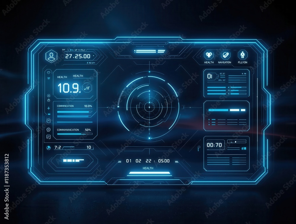 Poster futuristic digital hud interface with data and health displays for technology themes