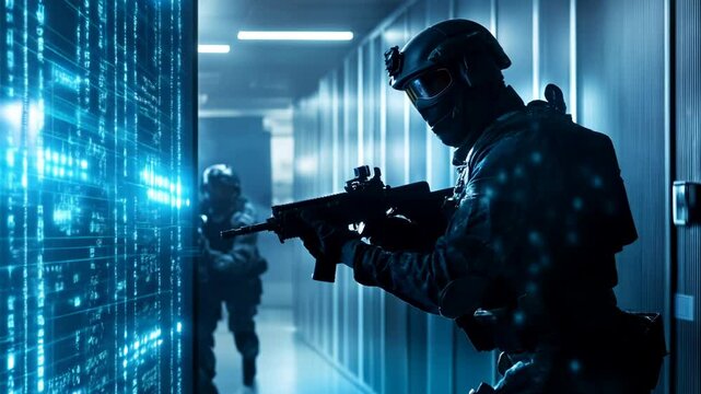 SWAT soldier in data center. Special forces in cyber war. Cybercrime, cybersecurity concept. Data and network protection. Armed FBI agent, police officer in AI cluster corridor. Security guard