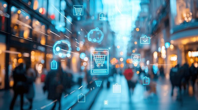 Modern retail concepts a vibrant eye-level digital shopping experience in futuristic cities