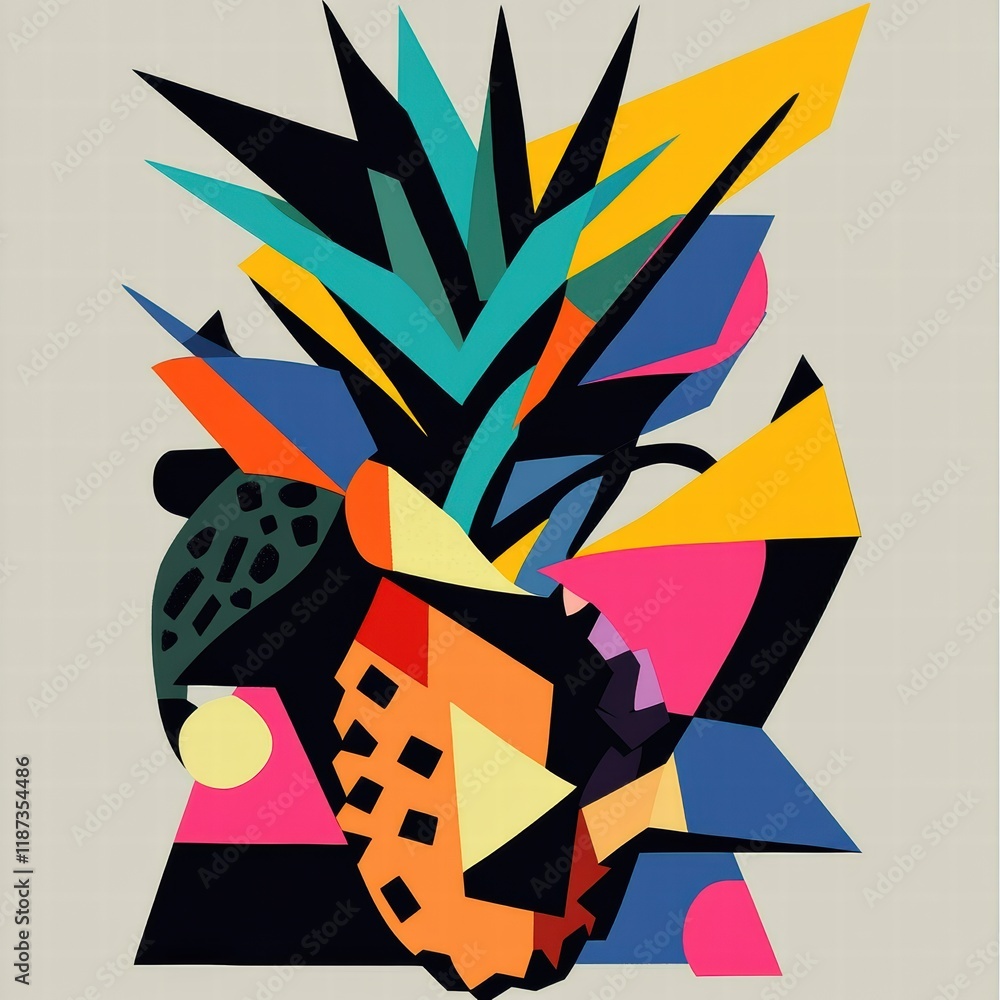 Leinwandbilder Vibrant abstract geometric design featuring a pineapple with colorful shapes and patterns. Generative AI