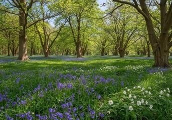 Fototapeta premium Lush spring woodland with vibrant bluebells and sunlit trees