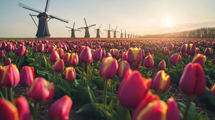 Tulip fields with windmills at sunrise