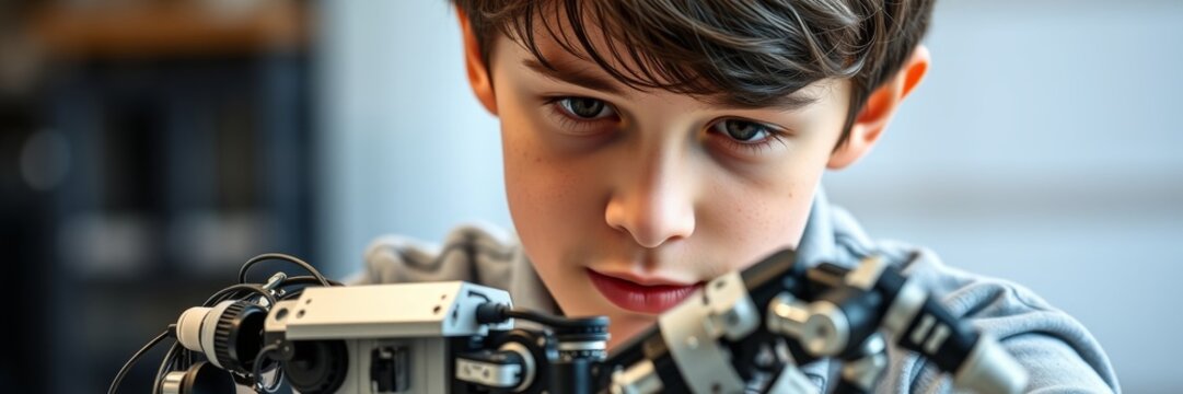 Young boy with intense focus building robotic arm against blurred background