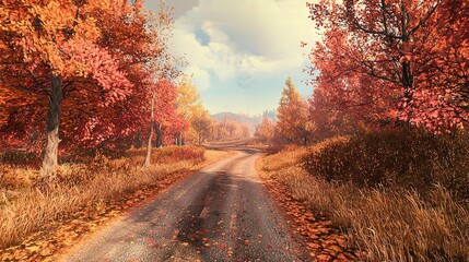 Fototapeta premium Painting of a dirt road surrounded by trees with orange and red leaves on trees and green grass on both sides of the road