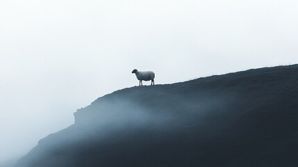 Obraz premium Solitary sheep on misty mountaintop.