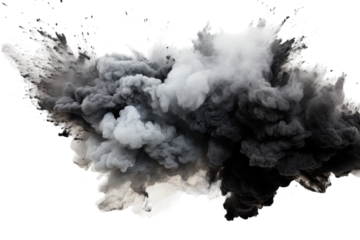 Smoke billows from a powerful explosion creating dramatic contrasts of black and gray against a white background