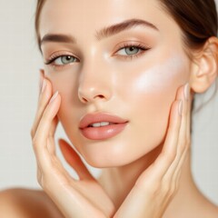 Radiant beauty close-up, soft lighting, dewy skin, highlighting natural elegance and serene expression.