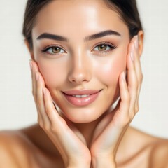 Radiant beauty natural glow serene expression skincare elegance confidence warm lighting soft background