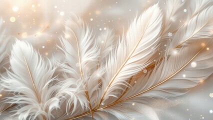 Elegant white feathers softly glowing in golden light ethereal and delicate atmosphere with sparkling highlights