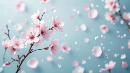 Cherry blossoms with soft pink petals, airy blue background, delicate springtime scene, gentle elegance, floral beauty