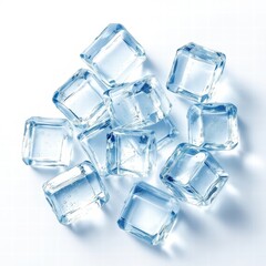 Crystal clear ice cubes with bubbles on a white surface, refreshing, purity, cooling, minimalistic composition.
