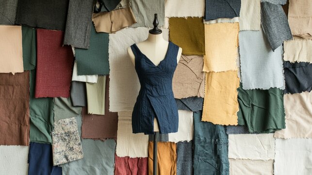 Elegant, dark blue dress adorns a mannequin against a backdrop of diverse, colorful fabric swatches, showcasing a fashion designer's creative process or a tailor's workshop - Powered by Adobe