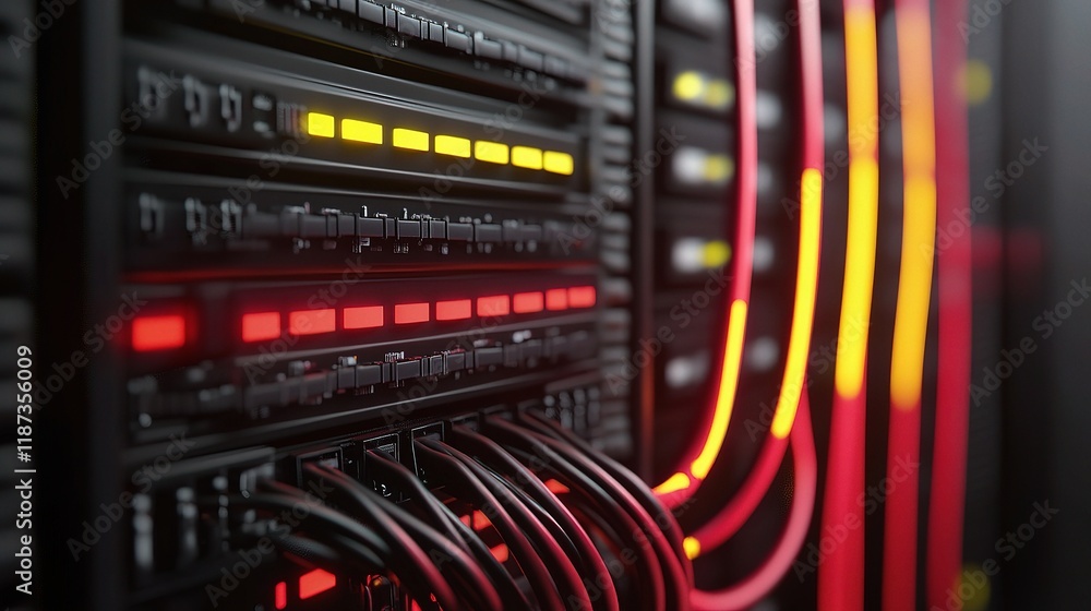 Poster intricate server network with colorful cables and data center lights