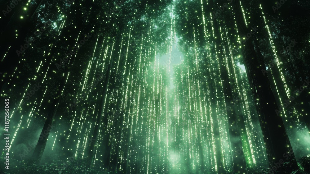 Poster digital rain cascading in pixelated streams of light, generative ai