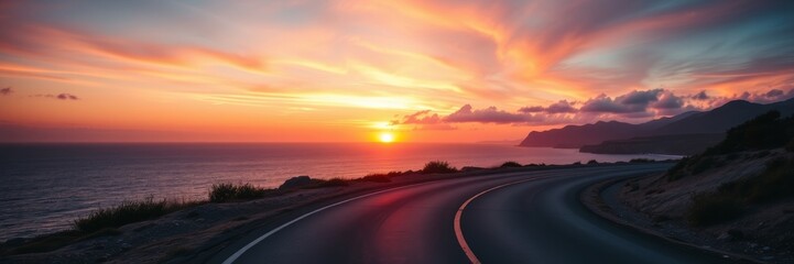 Winding coastal road at breathtaking sunset against vibrant orange sky
