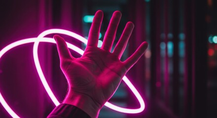 Obraz premium Hand reaching towards vibrant neon light in dark urban setting