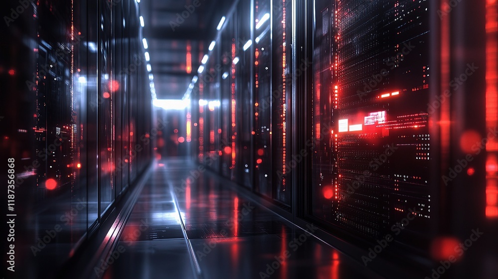 Poster sleek modern data center with illuminated server aisles and lines