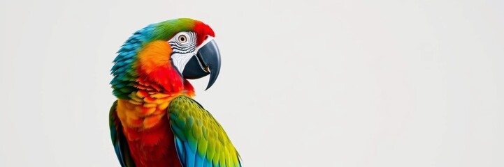 Fototapeta premium Colorful Macaw with Vibrant Plumage Against White Background with Copy Space