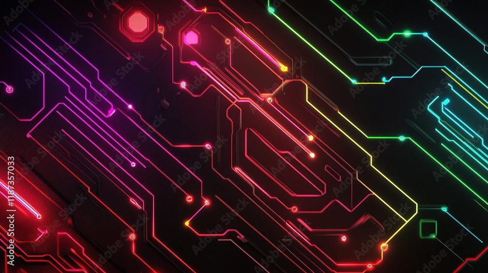 Poster neon circuit connections with glowing lines on dark background