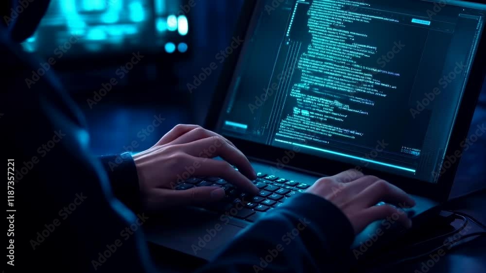 Poster hands typing on the laptop. hacker in dark operating room. cybercrime, attack and cyberattack concep