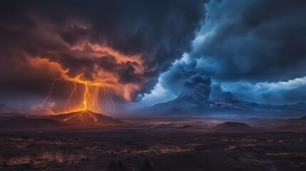 Fototapeta premium Dramatic volcanic eruption with lightning storm.