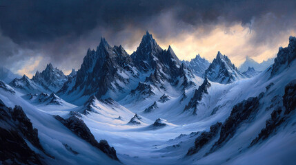 Obraz premium A mountain range painted in snow under a cloudy sky with dark clouds above