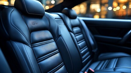 Luxury car's back seats, black leather upholstery, night scene.