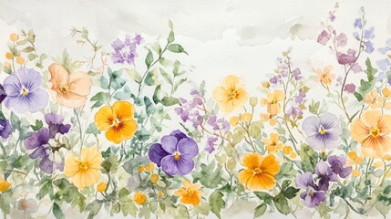 Watercolor pansy floral border, garden scene, spring background, home decor