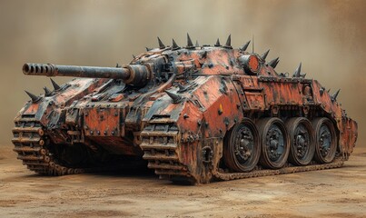 Fototapeta premium Rusty, spiked war tank on desert.