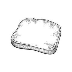 A hand-drawn cartoon-style illustration of a slice of toast bread. Golden edges with a soft, fluffy center, isolated on a white background