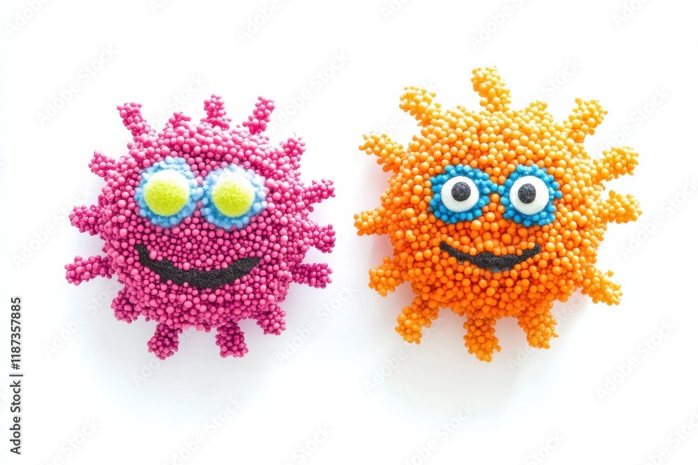 Poster Bright cheerful microbes with eyes and smiles create a lively scene of happiness and fun during a playful encounter. Generative AI