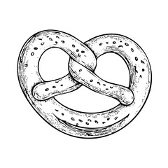 A hand-drawn cartoon-style illustration of a traditional pretzel. Golden-brown, twisted dough with a glossy surface and coarse salt sprinkled on top, isolated on a white background