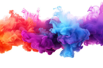 Obraz premium Colorful swirling smoke creating a vibrant abstract design in shades of orange, pink, blue, and purple against a white background