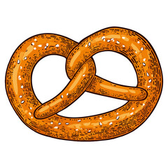 A hand-drawn cartoon-style illustration of a traditional pretzel. Golden-brown, twisted dough with a glossy surface and coarse salt sprinkled on top, isolated on a white background