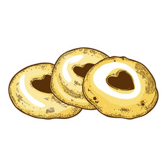 A hand-drawn cartoon-style illustration of a round, sweet cookie. Golden-brown with a soft texture, decorated with chocolate chips, isolated on a white background.