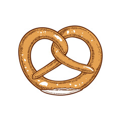 A hand-drawn cartoon-style illustration of a traditional pretzel. Golden-brown, twisted dough with a glossy surface and coarse salt sprinkled on top, isolated on a white background