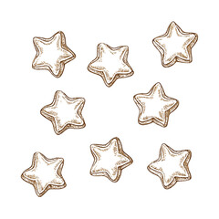 A hand-drawn cartoon-style illustration of a round, sweet cookie. Golden-brown with a soft texture, decorated with chocolate chips, isolated on a white background.