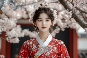 Graceful Portrait of East Asian Woman in Traditional Hanbok Amidst Cherry Blossoms at Korean Palace