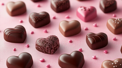 Fototapeta premium Pink background with chocolate hearts. Mother's Day, wedding, valentine's Day.