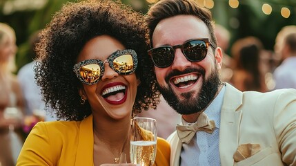 Interracial couple toasting with champagne glasses at a celebration outdoor party joyful atmosphere romantic viewpoint