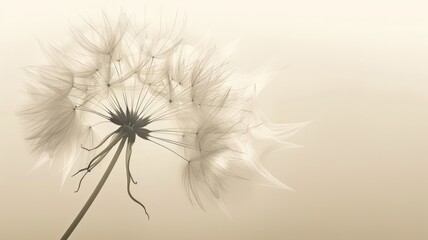 Close-up of a dandelion seed head with delicate, wispy seeds against a soft, beige background.