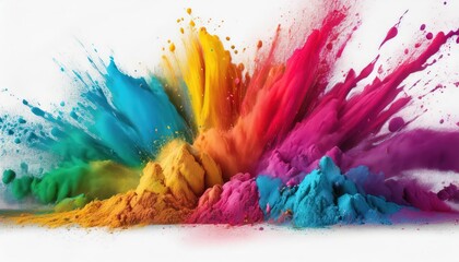 Vivid Rainbow Explosion in a Panoramic Holi Celebration Scene, Filled with Bold Colors and Playful Textures on a Wide White Background